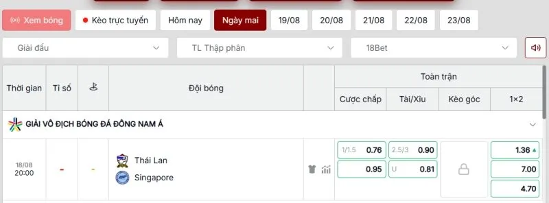 Nhận định trận Thái Lan vs Singapore qua bảng kèo chuẩn